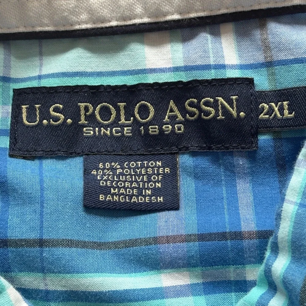 US Polo Assn Mens 2XL Blue Teal Plaid Short Sleeve Button Down Shirt Classic Fit